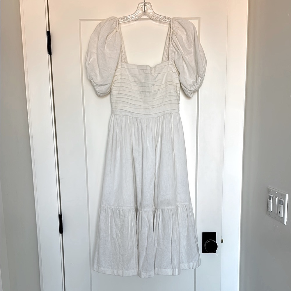 Abercrombie Emerson Linen White Puff Sleeve Midi Dress